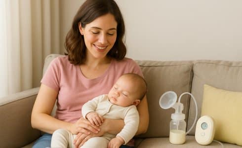 Op de foto staat een moeder die op de bank zit met een baby in haar arm. Naast haar staat een borstkolf.