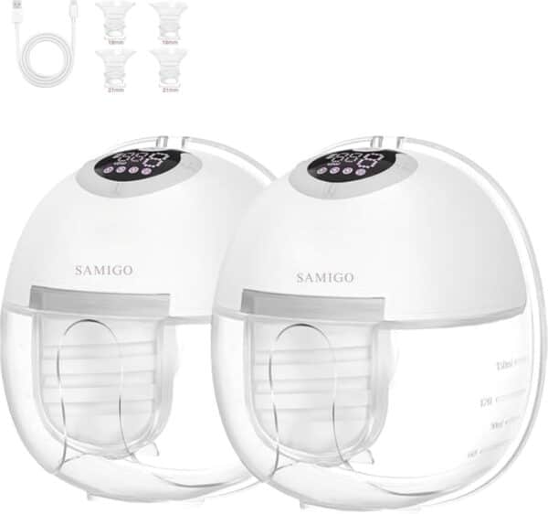 Draadloze borstkolf Samigo - Elektrische Draadloze Borstkolf Slim – Handsfree & Draagbaar – BPA-Vrij – Dubbele Borstkolf - Met slabbetje!- inclusief bewaarzakjes voor de moedermelk - Wit