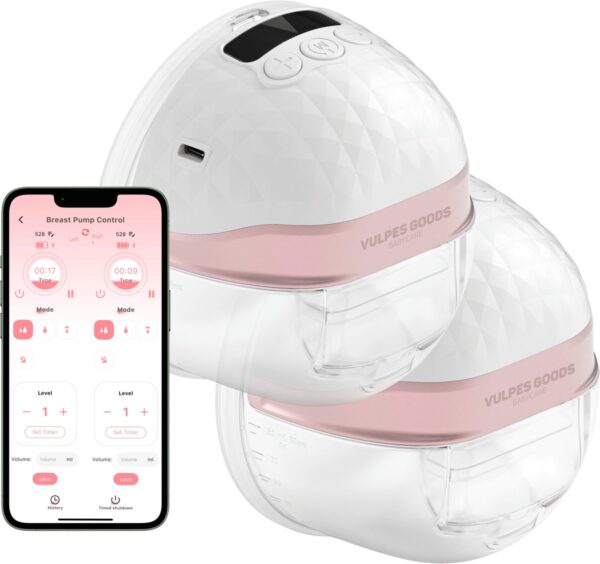 Vulpes Goods® BabyCare - Dubbele Elektrische Draadloze Borstkolf - Handsfree & Draagbaar - met APP bediening - BPA-Vrij - Incl. Borstschildverkleiners, 60 Moedermelk Bewaarzakjes, Reistas & Kolfdagboek - PRO V2