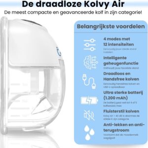 Kolvy® Air Draadloze Elektrische Borstkolf - Dubbel - Intelligente Kolfapparaten - Handsfree Breast Pump - Met E-Book - Incl. 3 Maten