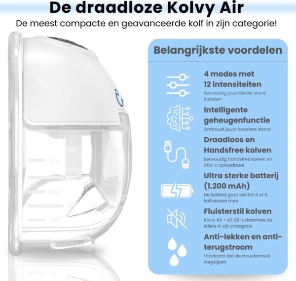 Kolvy® Air Draadloze Elektrische Borstkolf - Dubbel - Intelligente Kolfapparaten - Handsfree Breast Pump - Met E-Book - Incl. 3 Maten