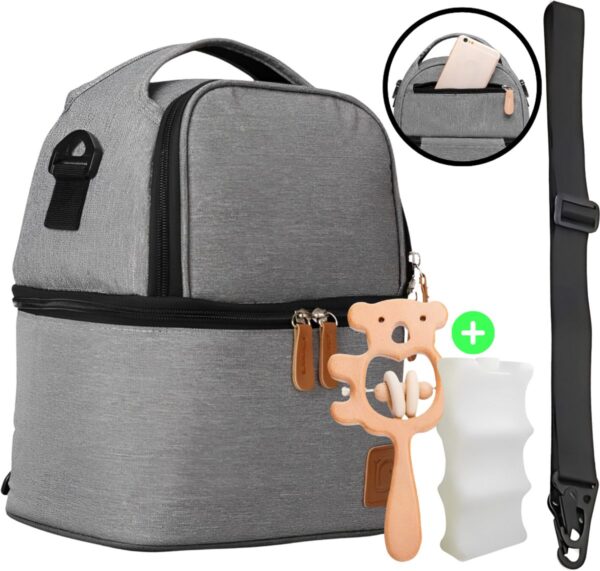 Lunozy® Kolftas – koeltas moedermelk– babyfles koeltas – luxe koeltas – 3 laags geïsoleerd – blijft tot 10 uur koel – Schoudertas & rugtas – luiertas - voor borstkolf + TWEE koelelementen en baby speeltje