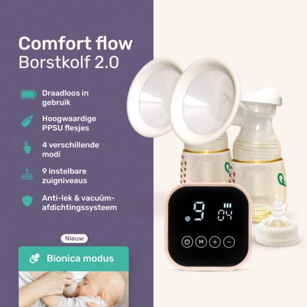 Qwali Comfort flow 2.0 Elektrische Borstkolf - Dubbel - BPA vrij - incl. 2 Melkflesjes - Draadloze Borstkolf - Handsfree Kolf - Breast pump - Handkolf Borstvoeding