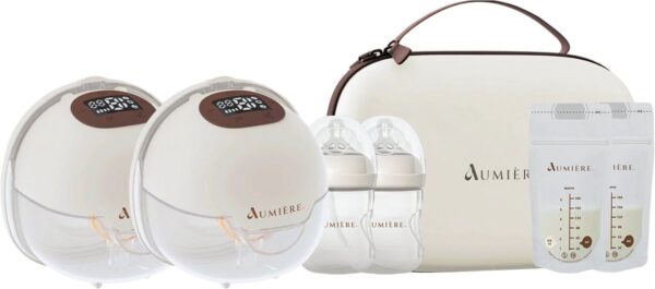 Aumière Elektrische Borstkolf Beige 180ml 2 Stuks, Inc 2 flesjes En Opbergtas - Handsfree Borstkolf Inc 50 bewaarzakjes - Borstkolf Elektrisch Dubbel - Dubbele Borstkolf - Draadloze Borstkolf - Draagbaar