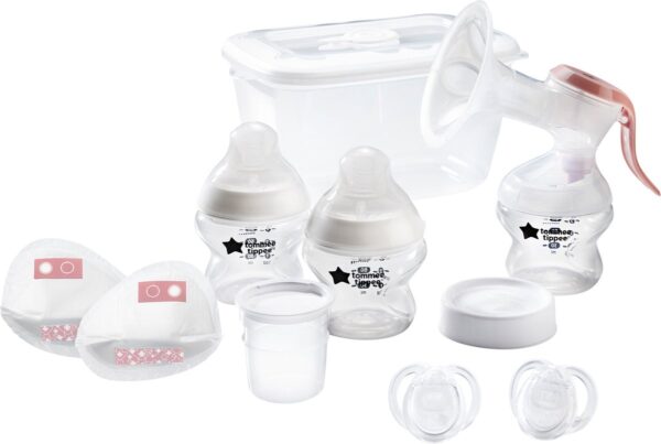 Tommee Tippee Made For Me - startpakket voor borstvoeding - bestaande uit een handmatige borstkolf, zuigflessen en spenen, een sterilisatordoos, fopspenen, zoogkompressen, bewaarbakjes voor moedermelk en bijbehorende deksels