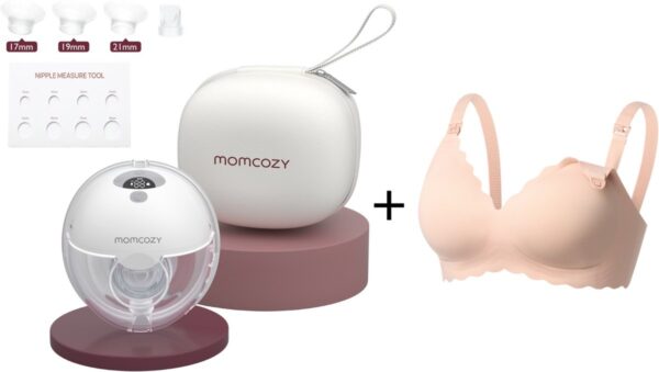 Momcozy M5 Handsfree Enkele Borstkolf - Met voedingsbeha maat XL - Inclusief verschillende borstschild inserts - Extra stil en compact - Elektrisch - Grijs