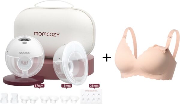 Momcozy M5 Handsfree Dubbele Borstkolf - Met voedingsbeha maat L - Inclusief verschillende borstschild inserts - Extra stil en compact - Elektrisch - Grijs