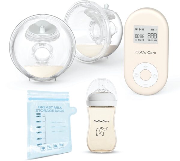 CoCo Care Flow Max 2025 - Slimme Dubbele Draagbare Borstkolf - BPA-Vrij - Geluidloos, Herbruikbaar & Handsfree - Inclusief Babyflesje & 30 Melkbewaarzakjes - Beige