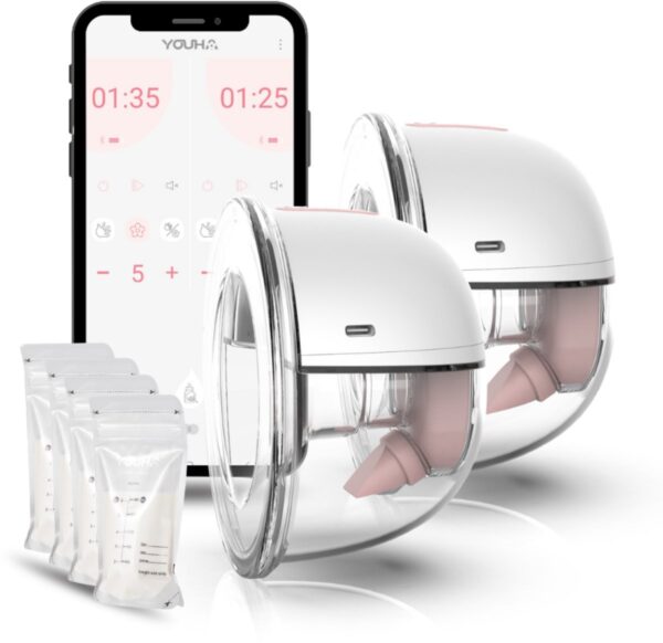 Youha Elektrische Dubbele Draadloze Borstkolf Gen 2 - Met app - BPA-vrij - Maat: 26mm & 28mm - Inclusief E-book - Set van 2 - Handsfree & Draagbaar - Inclusief 50 bewaarzakjes voor moedermelk