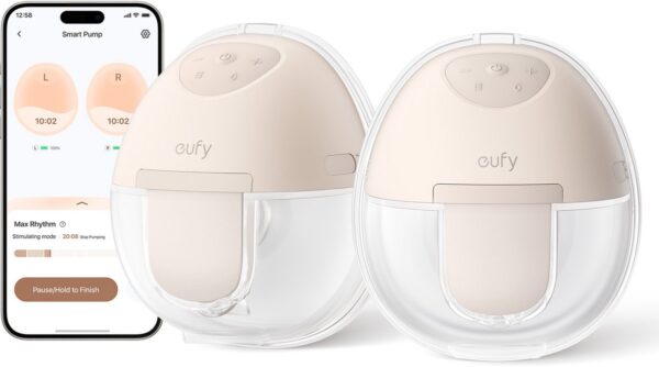 Eufy Draagbare Borstkolf Breast Pump E10, Handsfree Elektrische Borstkolf met App-bediening, Gepersonaliseerd Slim Ritme, Ziekenhuiskwaliteit Zuigkracht voor Meer Melk, Draagbaar, Lekvrij & Ultra-Stil