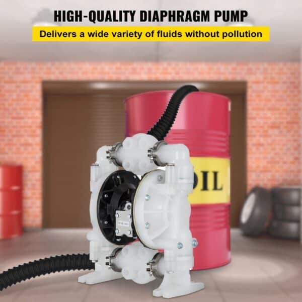 Membraanpomp – Dubbele Dompomp – Luchtbediende Pomp – Chemische Pomp – Industriële Pomp – 1 Inch Inlaat/Uitlaat – PTFE Membraan – Corrosiebestendig Polypropyleen