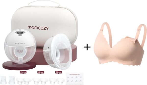 Momcozy M5 Handsfree Dubbele Borstkolf - Met voedingsbeha maat L - Inclusief verschillende borstschild inserts - Extra stil en compact - Elektrisch - Grijs
