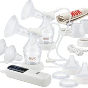 NUK Soft & Easy dubbele elektrische borstkolf set - 100% siliconen zachte cups - Klein, licht en stil - Oplaadbare batterij voor op reis - Cups van 24 en 27 mm - 2 Perfect Match mm-flessen