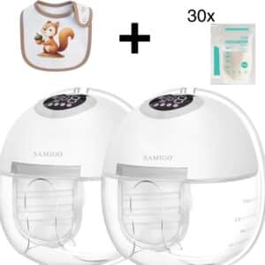 Draadloze borstkolf Samigo - Elektrische Draadloze Borstkolf Slim – Handsfree & Draagbaar – BPA-Vrij – Dubbele Borstkolf - Met slabbetje!- inclusief bewaarzakjes voor de moedermelk - Wit
