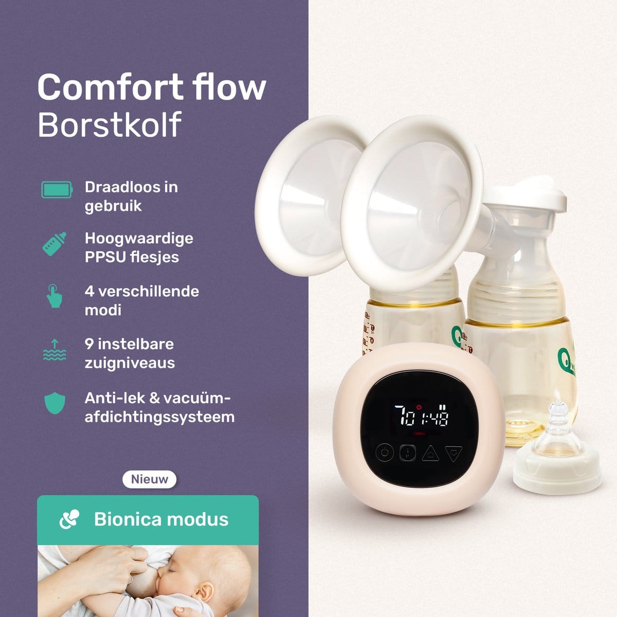Elektrische Borstkolf - incl. 2 Melkflesjes - Dubbel - BPA vrij - Handsfree Handkolf - Draadloos - Qwali